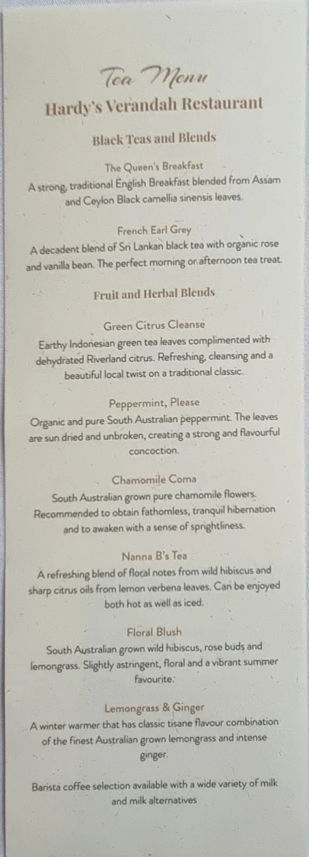 Menu, Hardy's Verandah