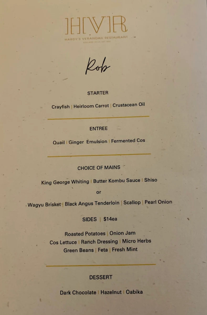 Menu, Hardy's Verandah