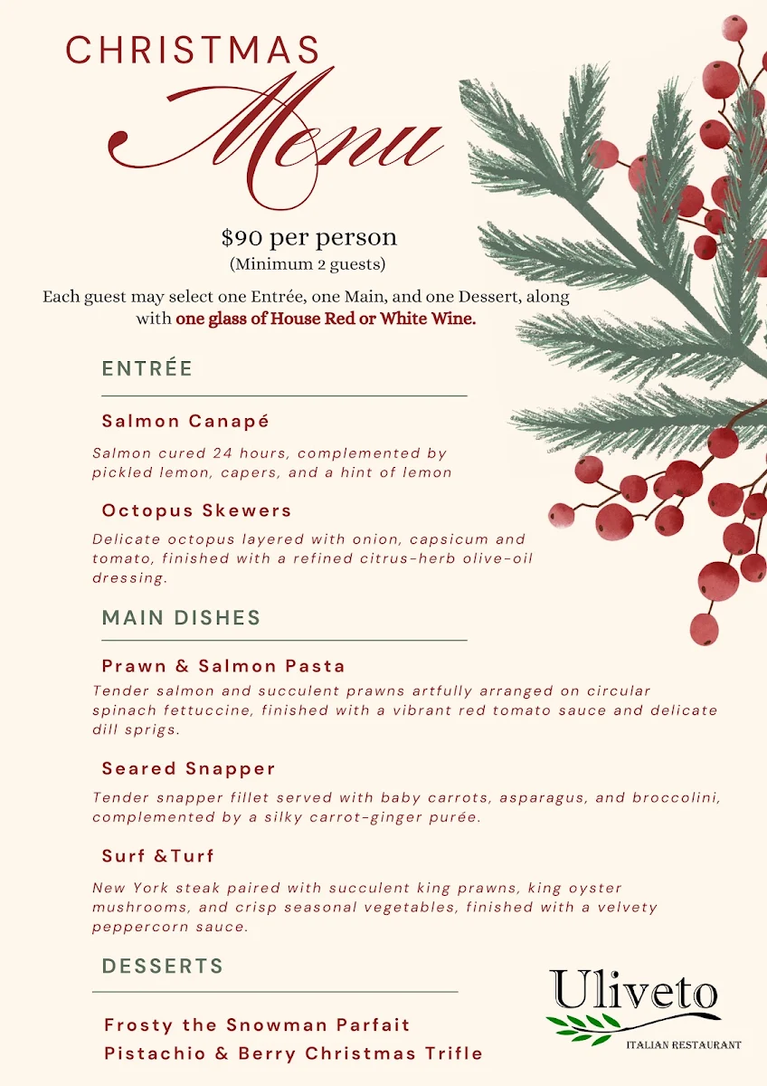 Menu, Uliveto Sydney Italian Restaurant
