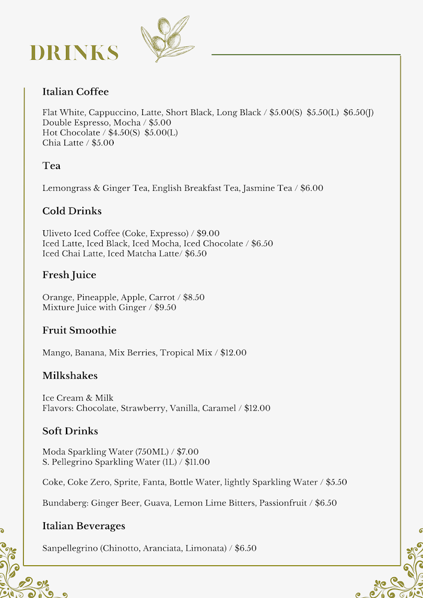 Menu, Uliveto Sydney Italian Restaurant