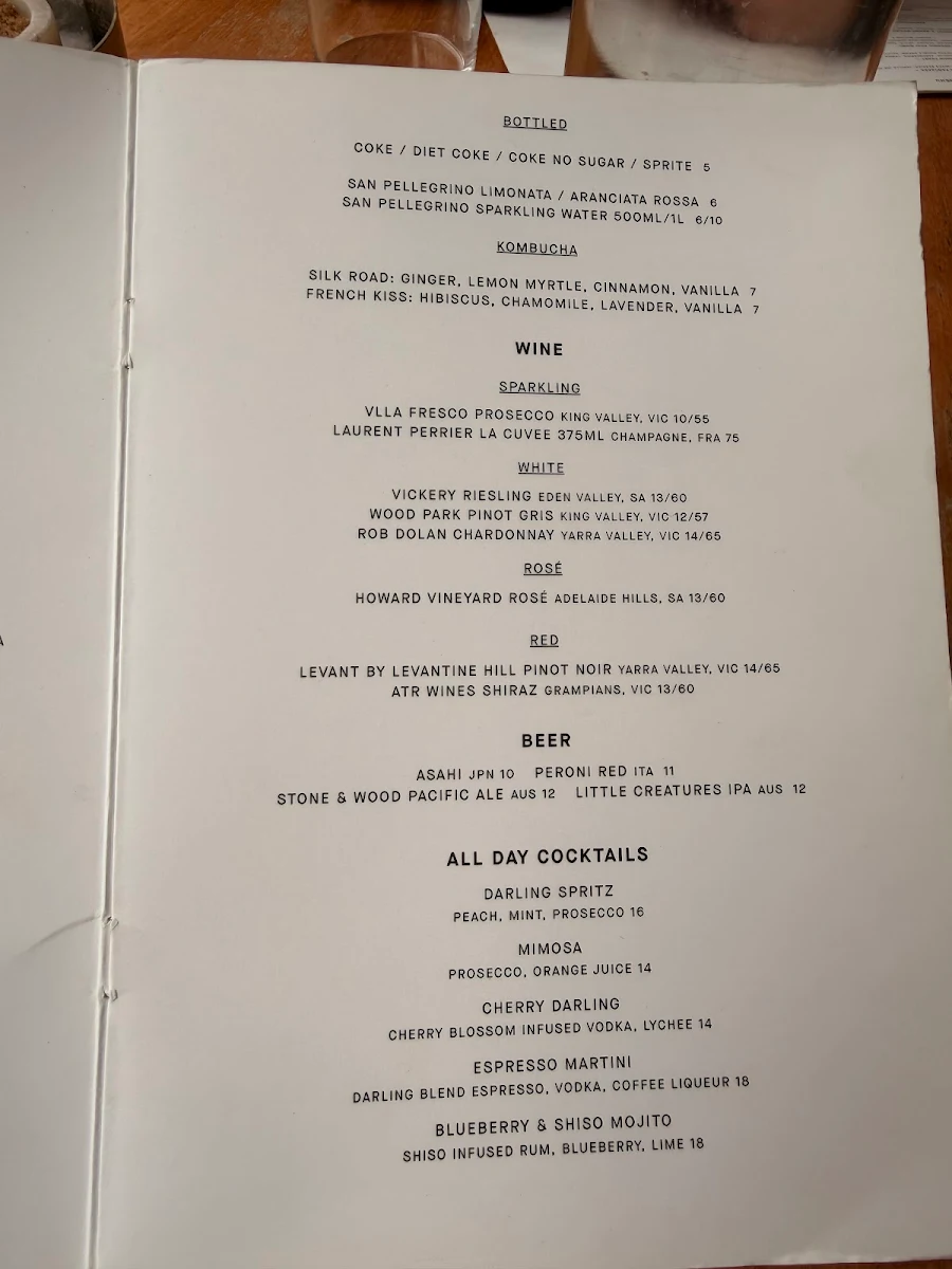 Menu, Darling Cafe