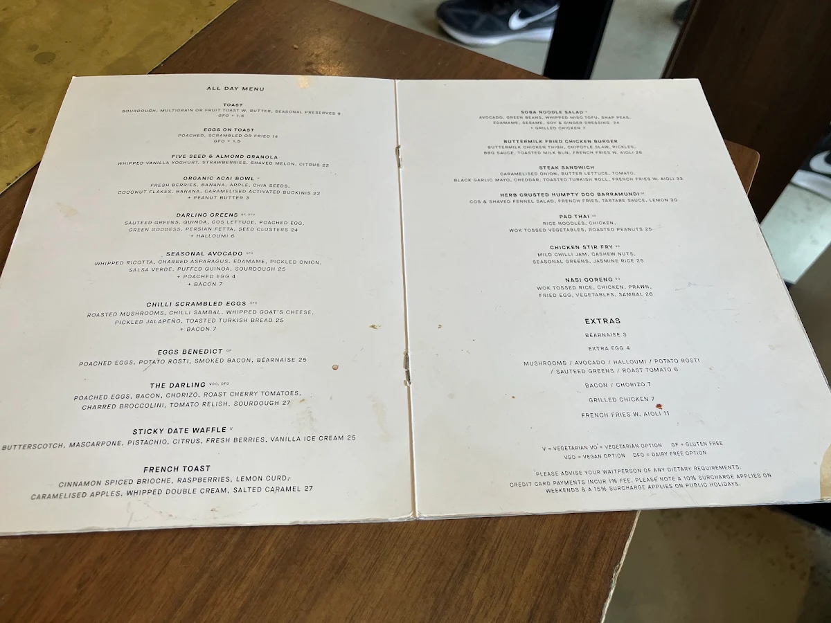 Menu, Darling Cafe
