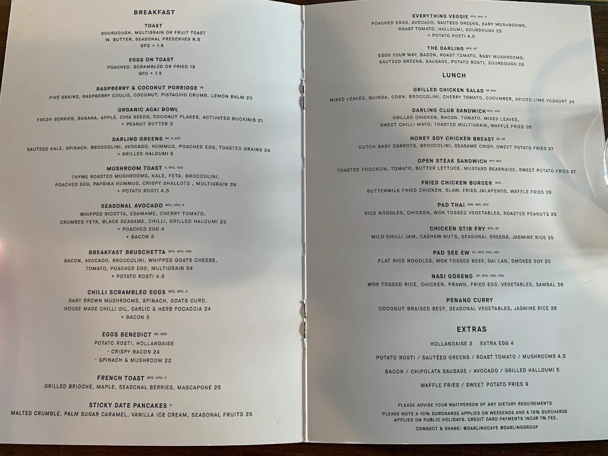 Menu, Darling Cafe