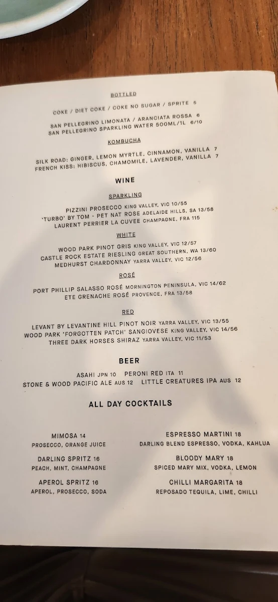 Menu, Darling Cafe