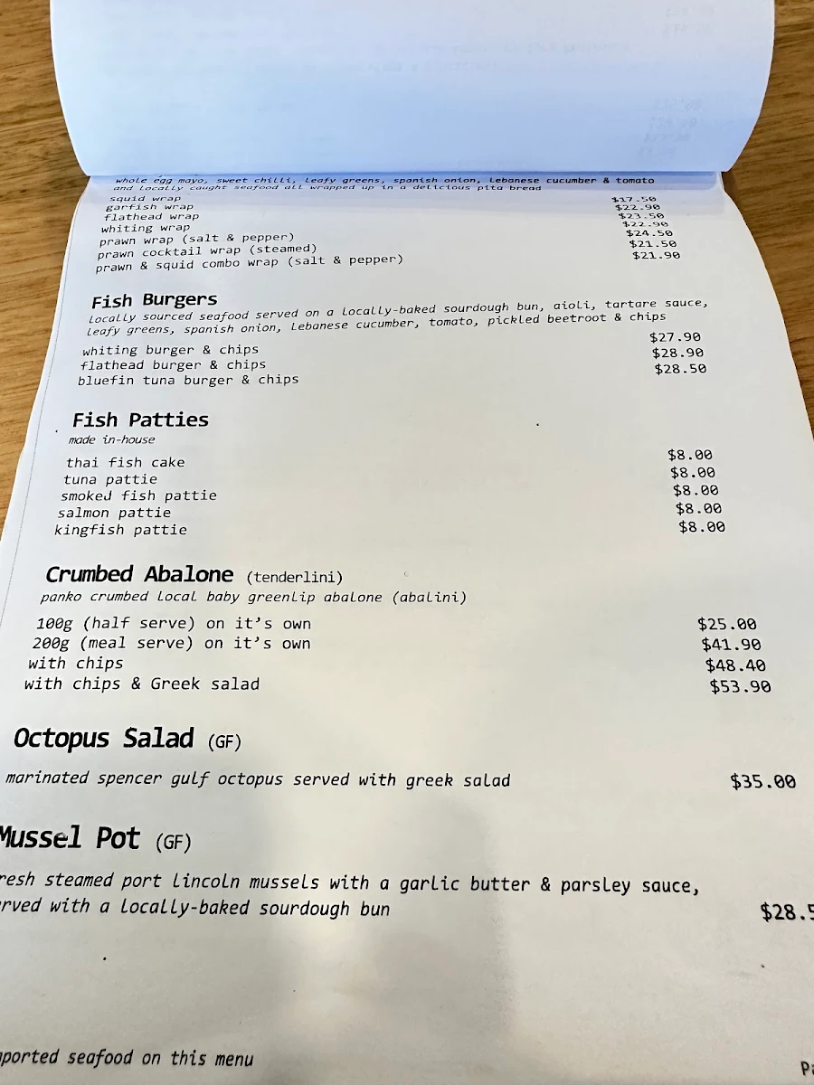 Menu, The Fresh Fish Place