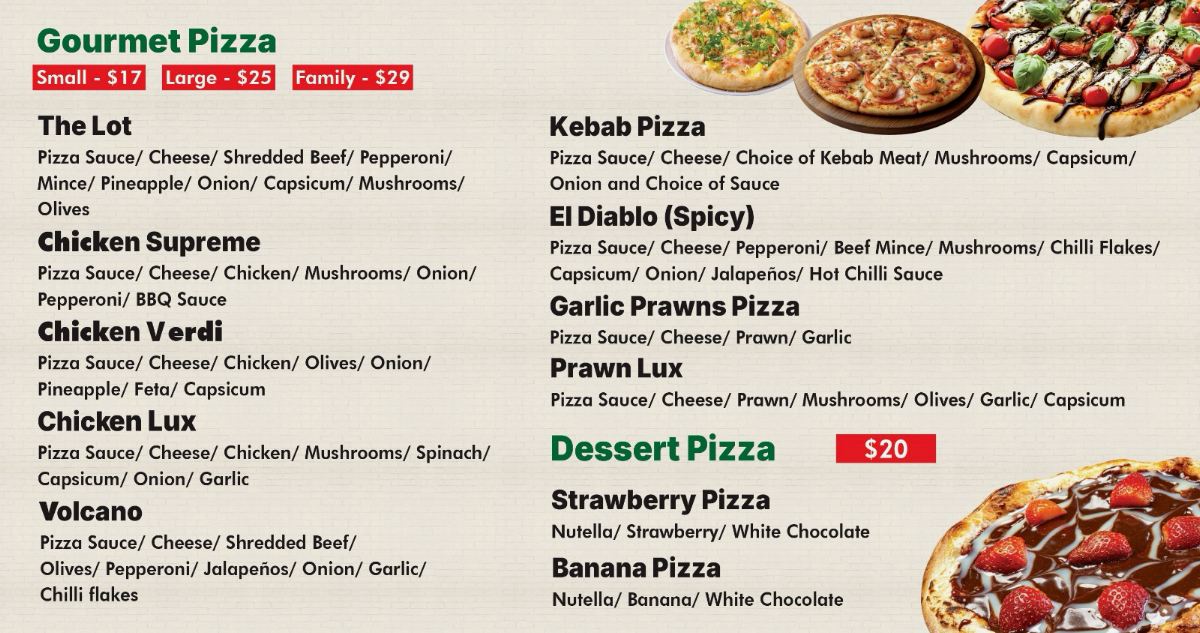Menu, Pizza face and kebabs