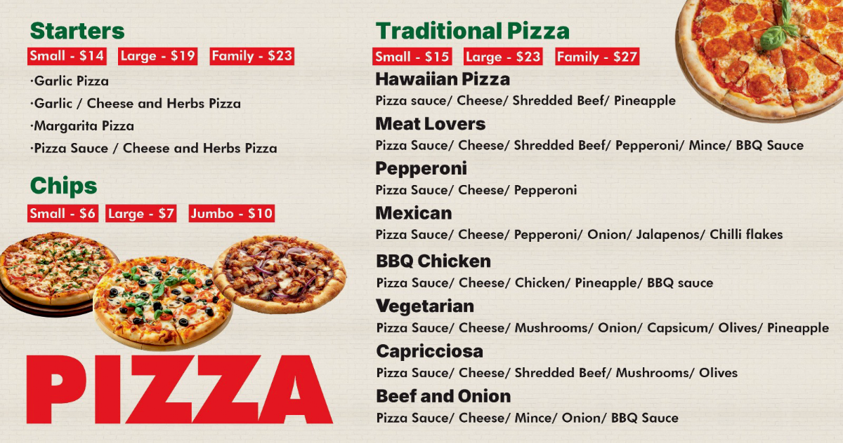 Menu, Pizza face and kebabs