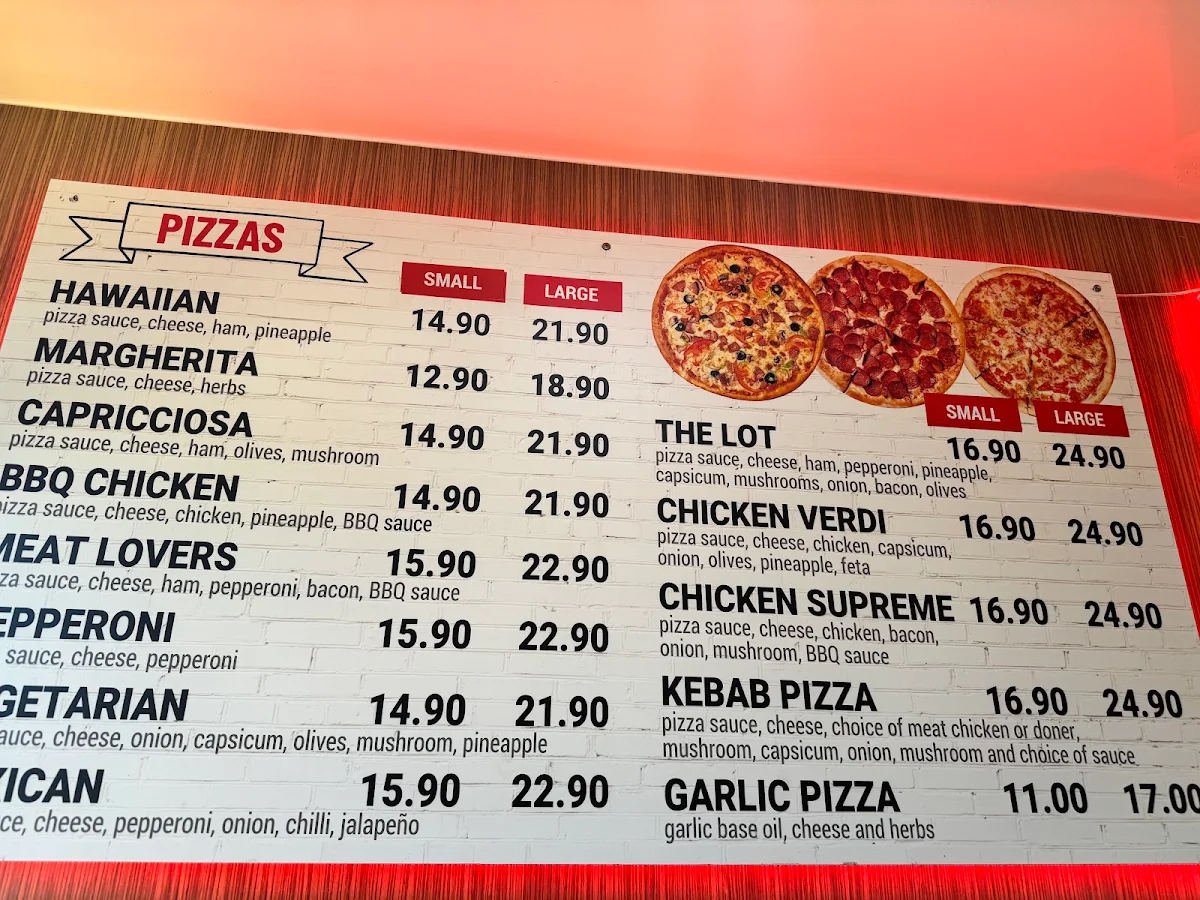 Menu, Pizza face and kebabs
