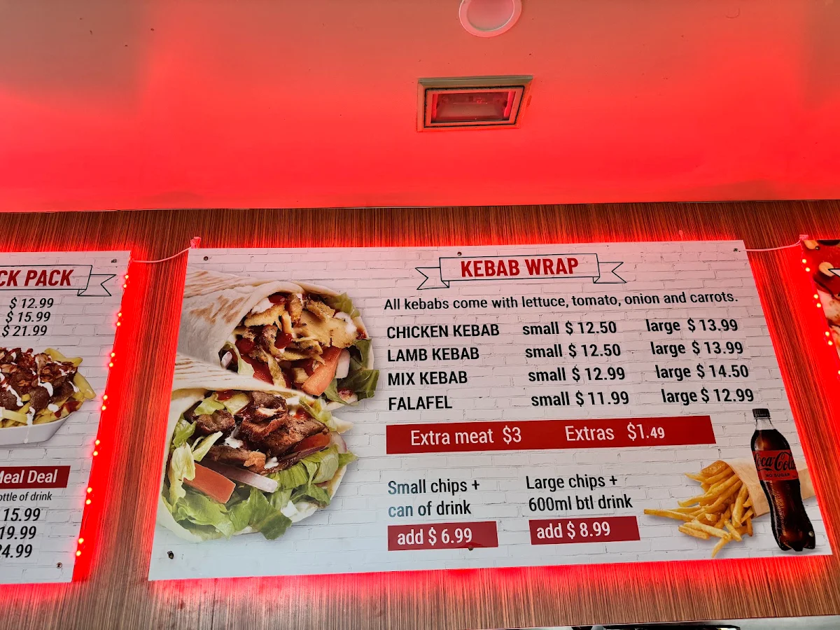 Menu, Pizza face and kebabs