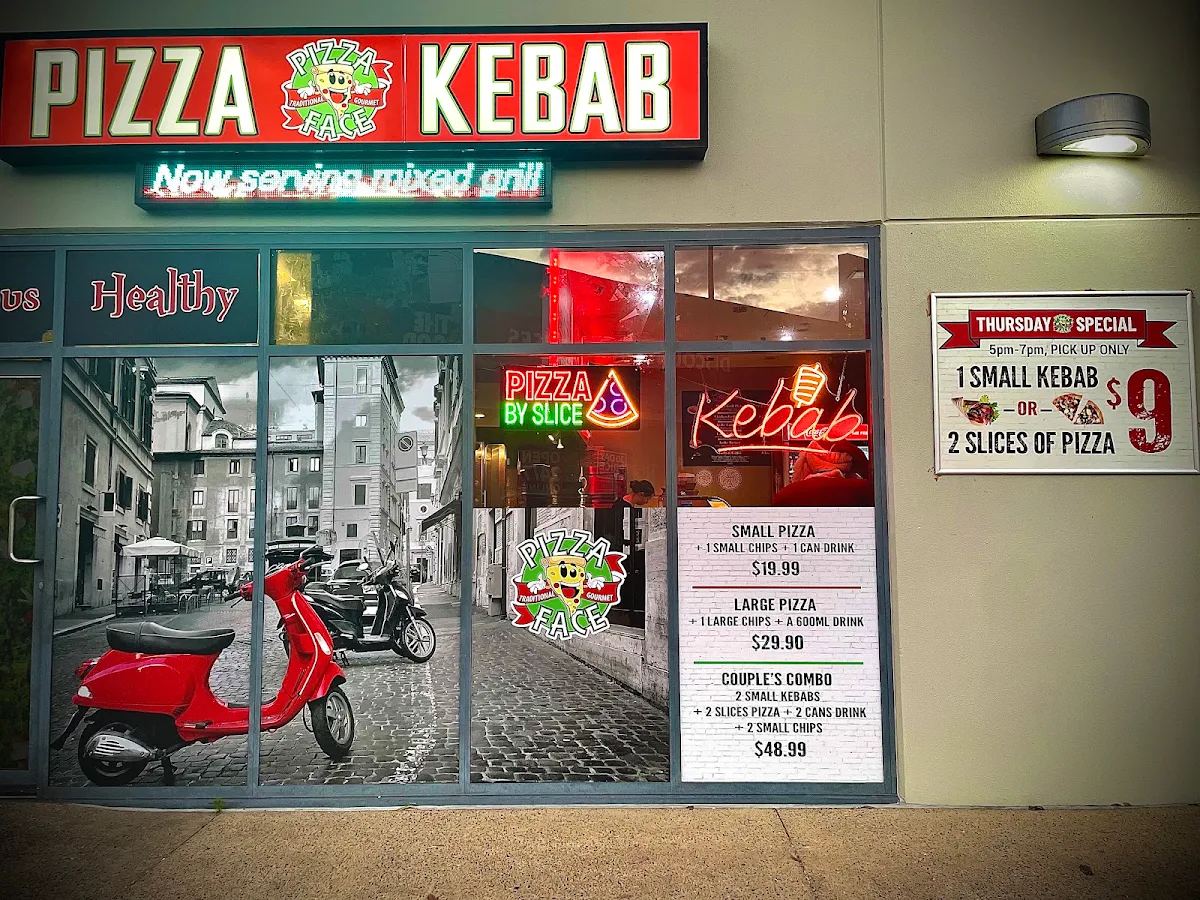 Menu, Pizza face and kebabs