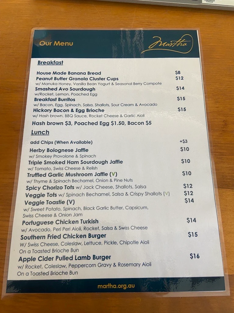 Menu, Martha Cafe