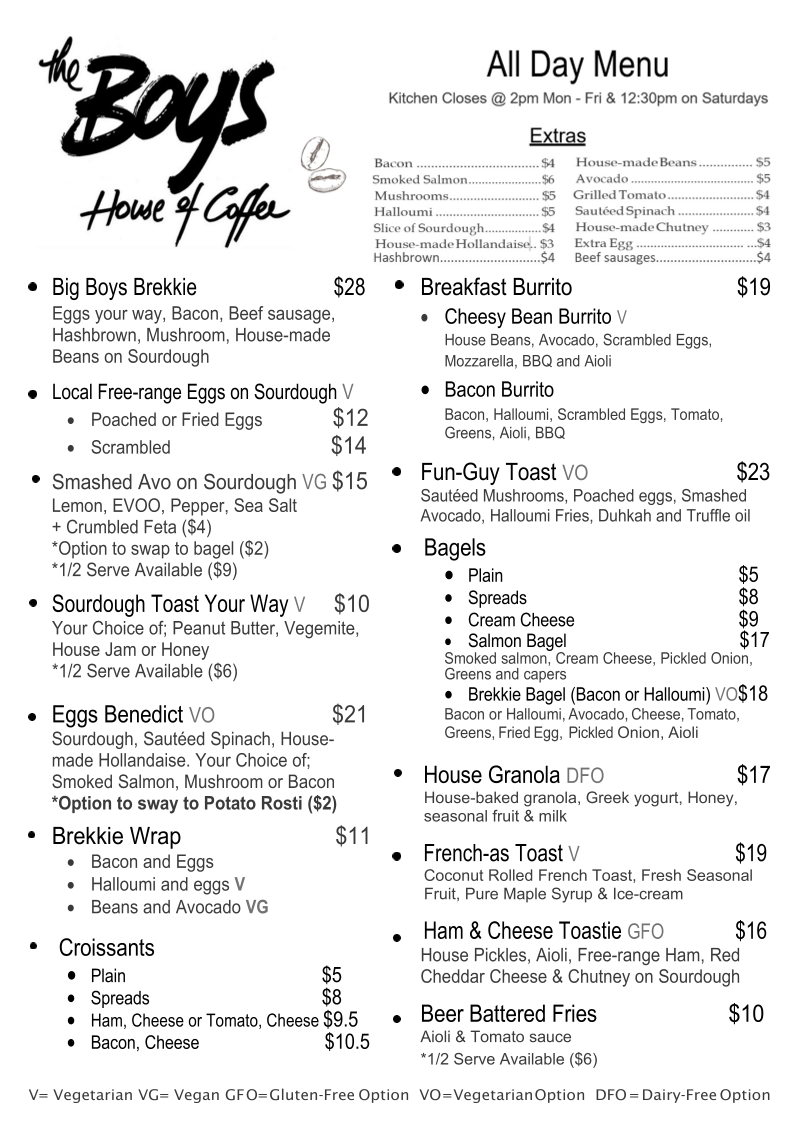 Menu, The Boys House of Coffee