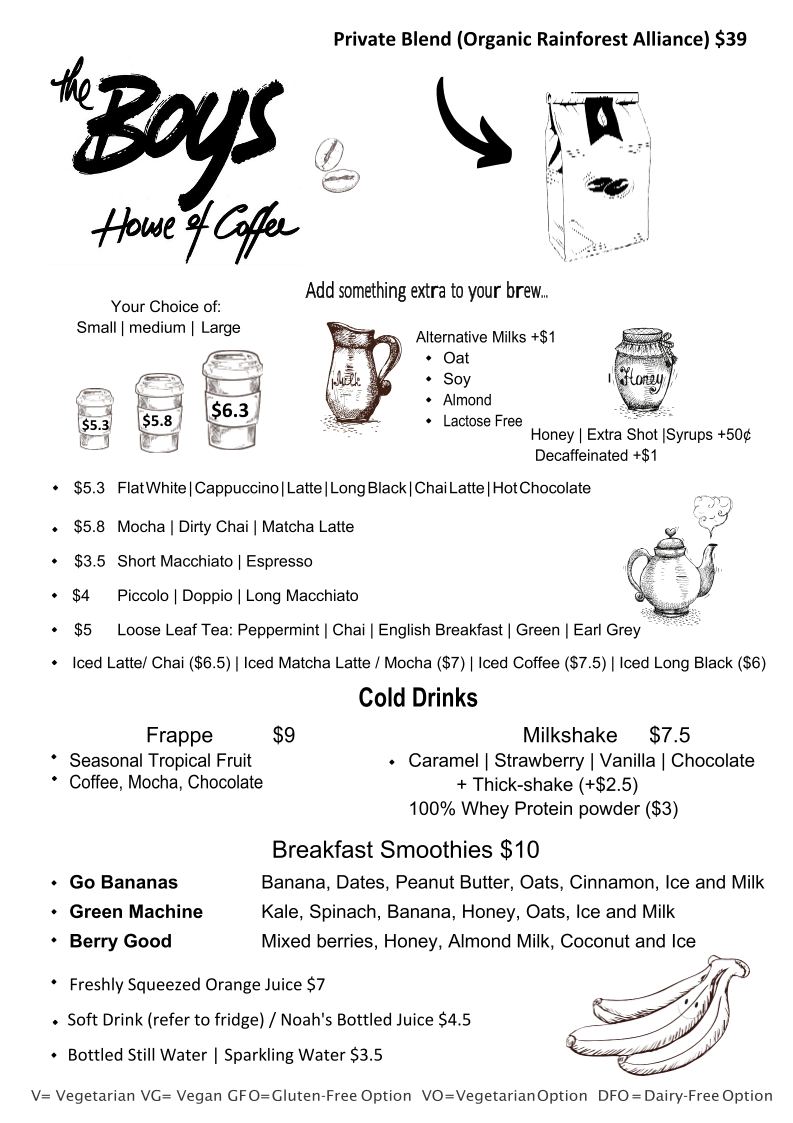 Menu, The Boys House of Coffee