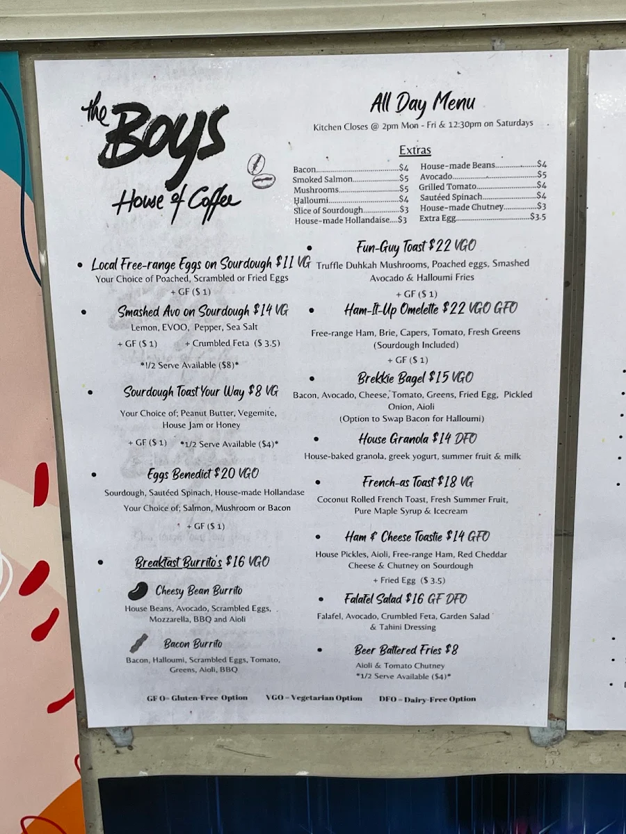 Menu, The Boys House of Coffee