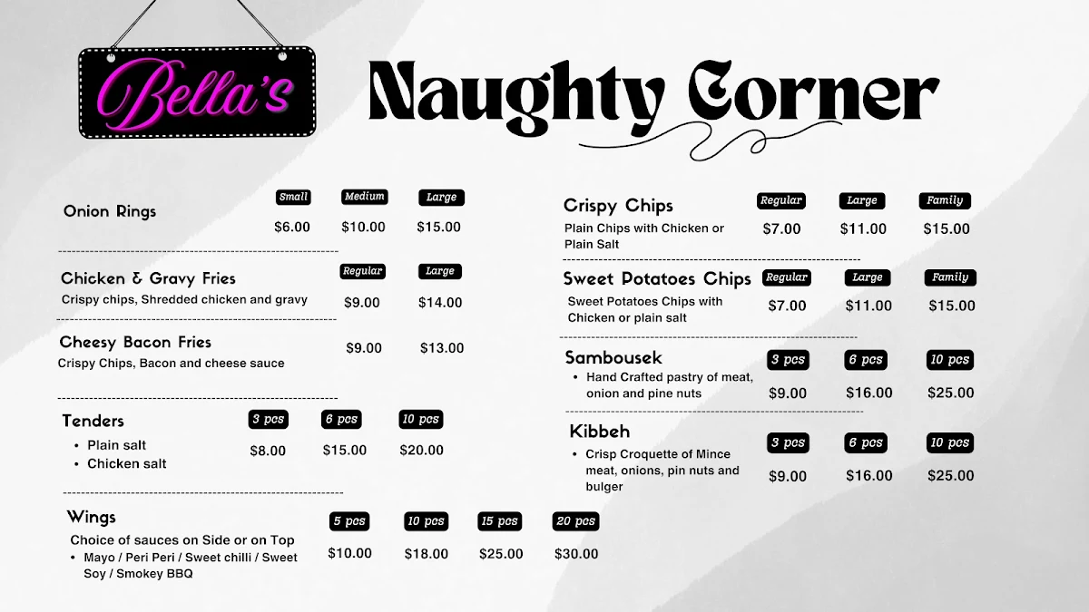Menu, Bella's Chargrill Chicken