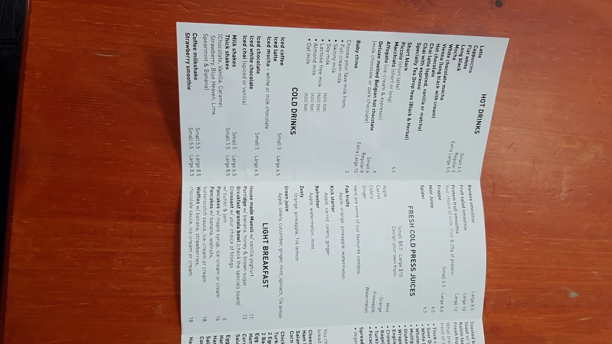 Menu, Coffee Town