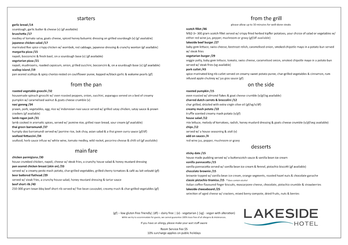 Menu, Lakeside Restaurant & Events Centre, Bendigo