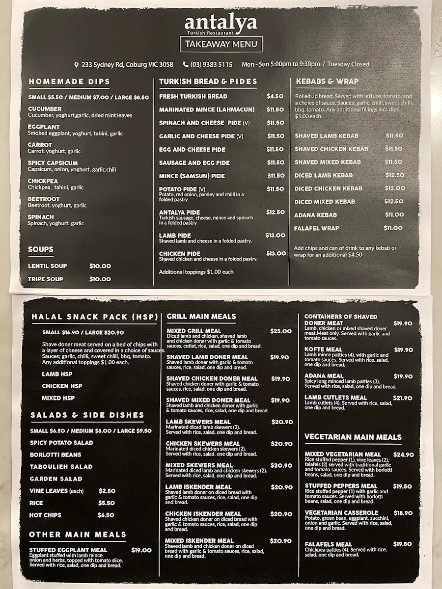 Menu, Antalya Turkish Restaurant