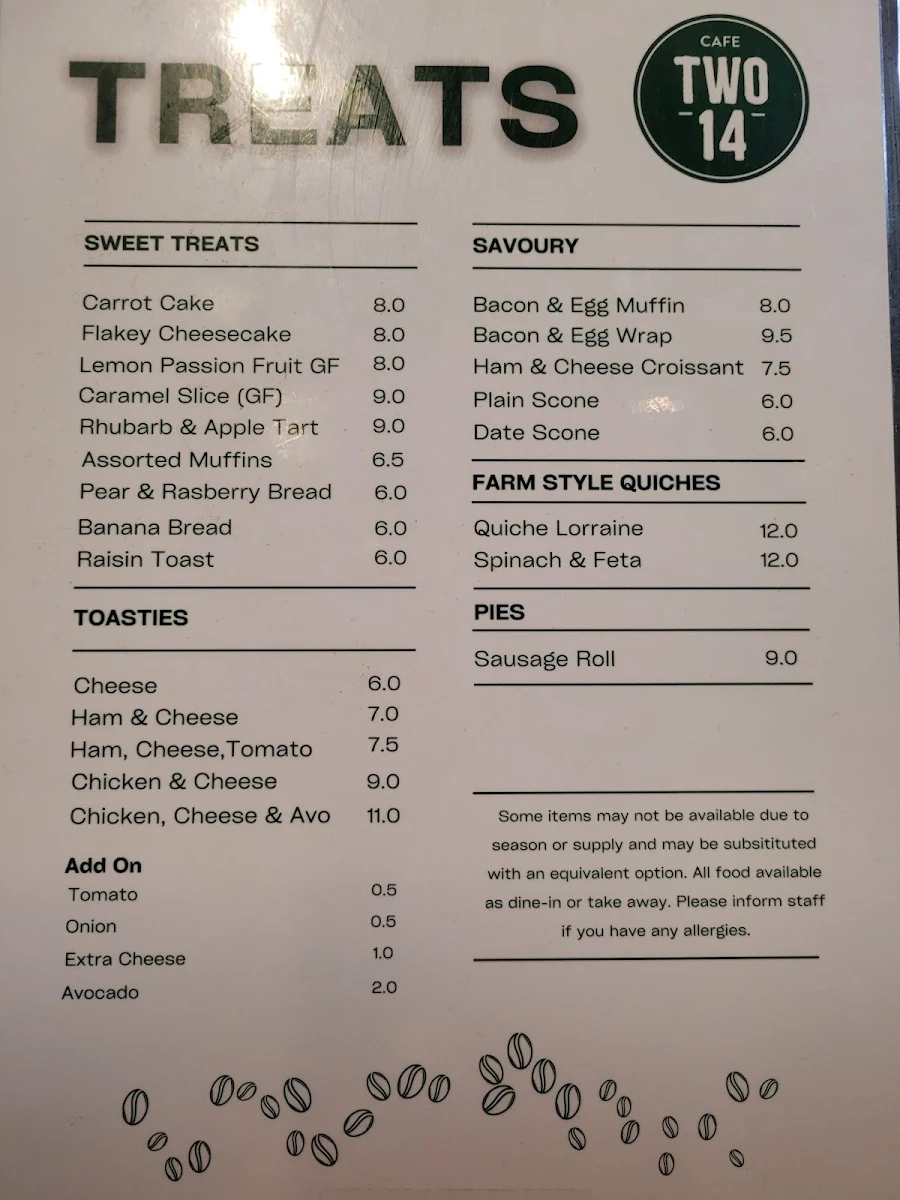 Menu, Cafe Two 14 Chermside