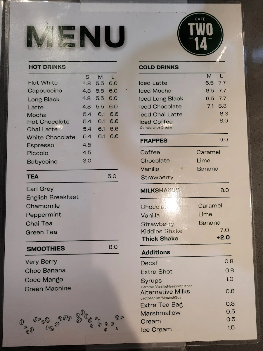 Menu, Cafe Two 14 Chermside