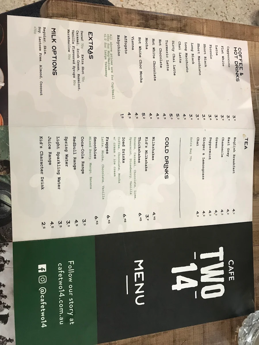 Menu, Cafe Two 14 Chermside