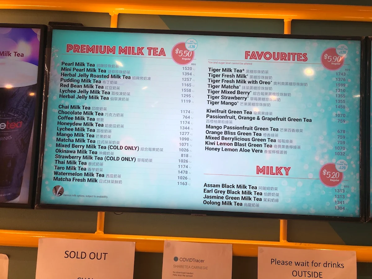 Menu, Sharetea Carnegie “Under New Management”