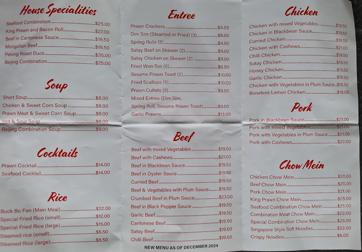 Menu, Beijing Restaurant