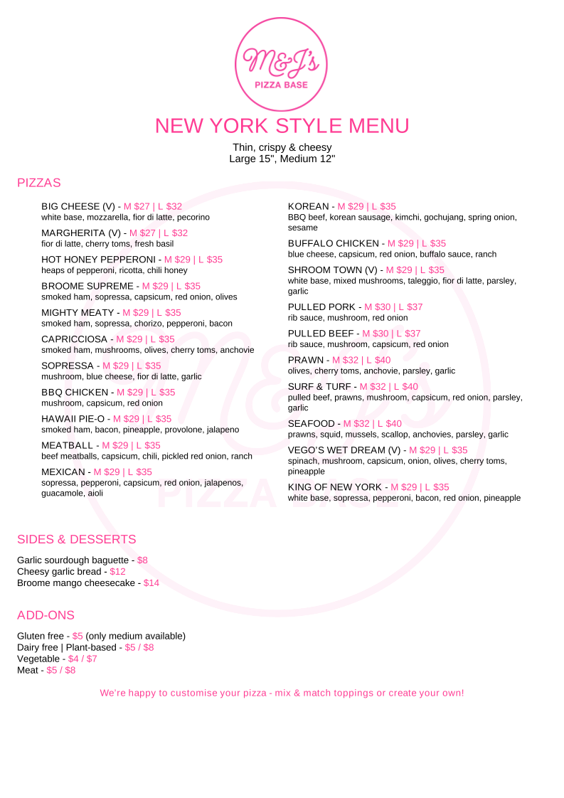Menu, M&J’s Pizza Base