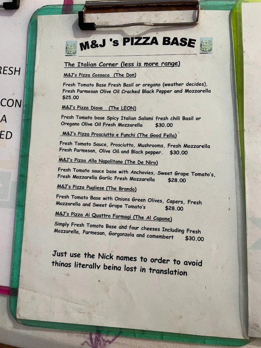 Menu, M&J’s Pizza Base