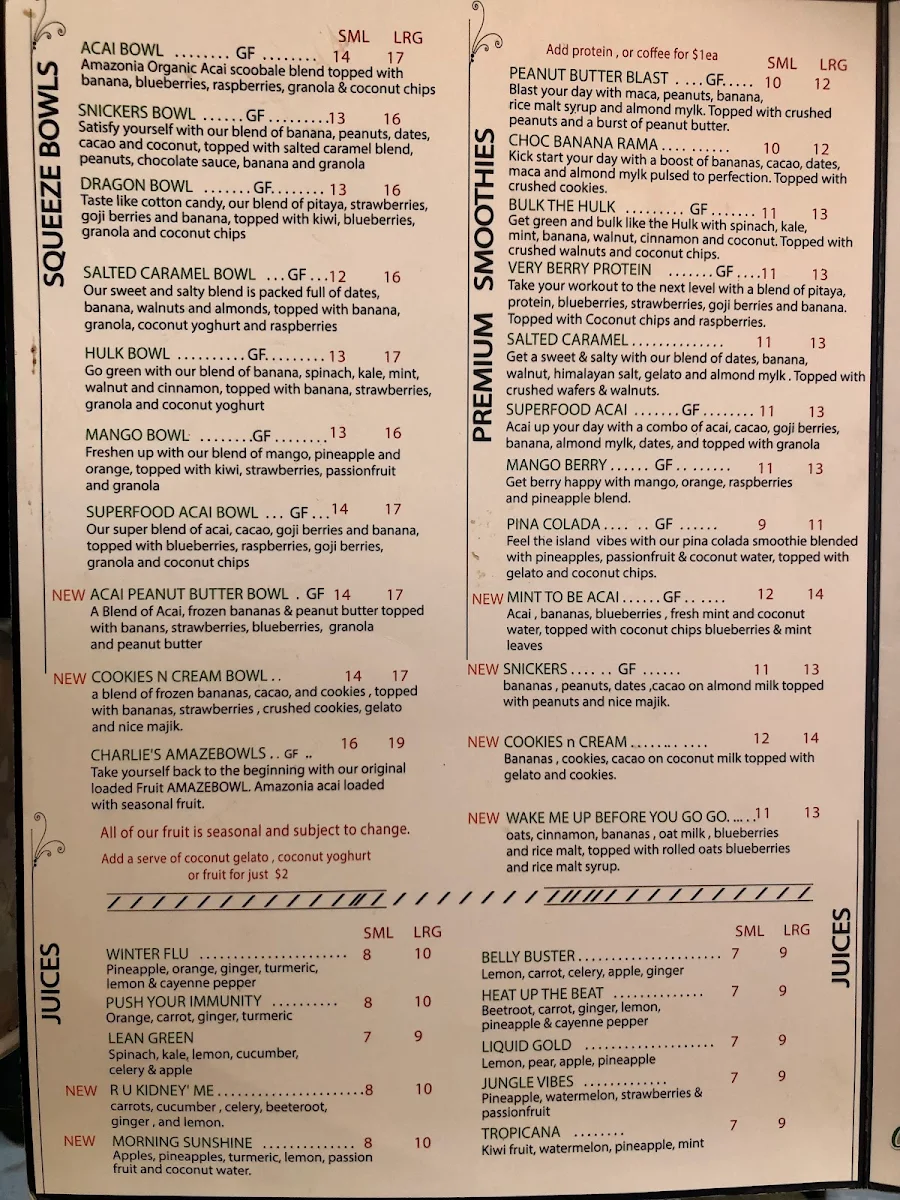 Menu, Charlie's Raw Squeeze Clayfield