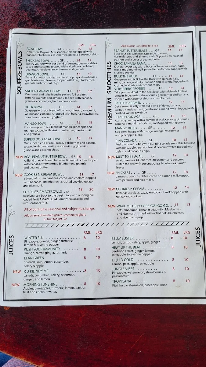 Menu, Charlie's Raw Squeeze Clayfield