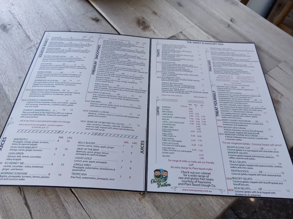 Menu, Charlie's Raw Squeeze Clayfield