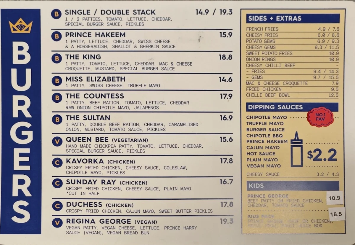 Menu, Royal Stacks Doncaster