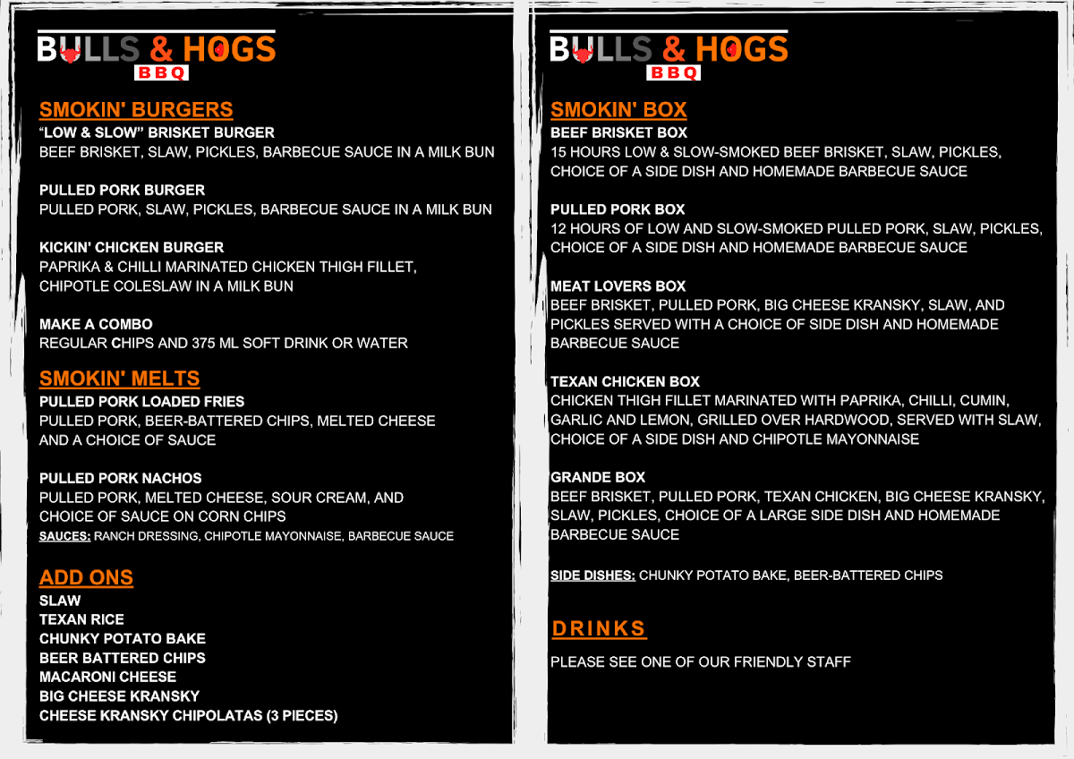 Menu, BULLS & HOGS BBQ