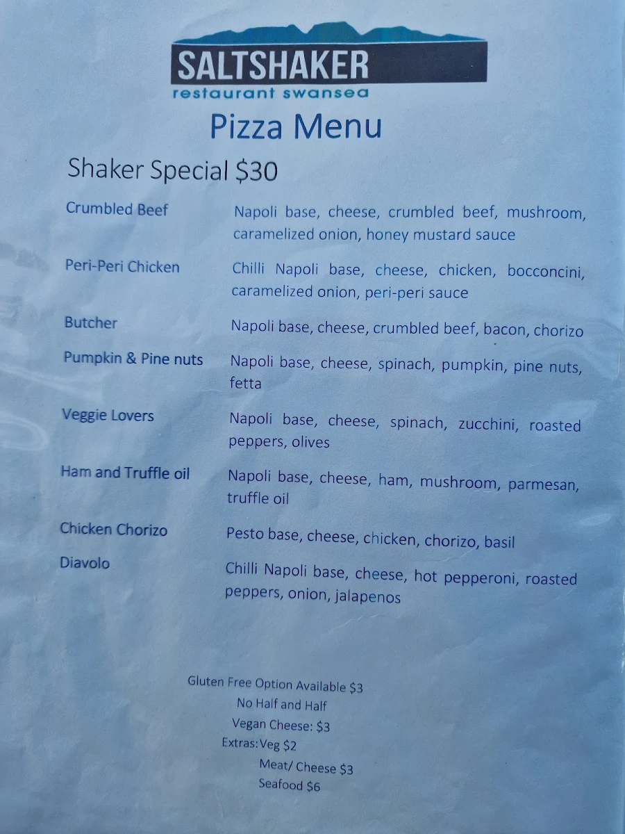 Menu, Seashell Bakery & Pizzaria