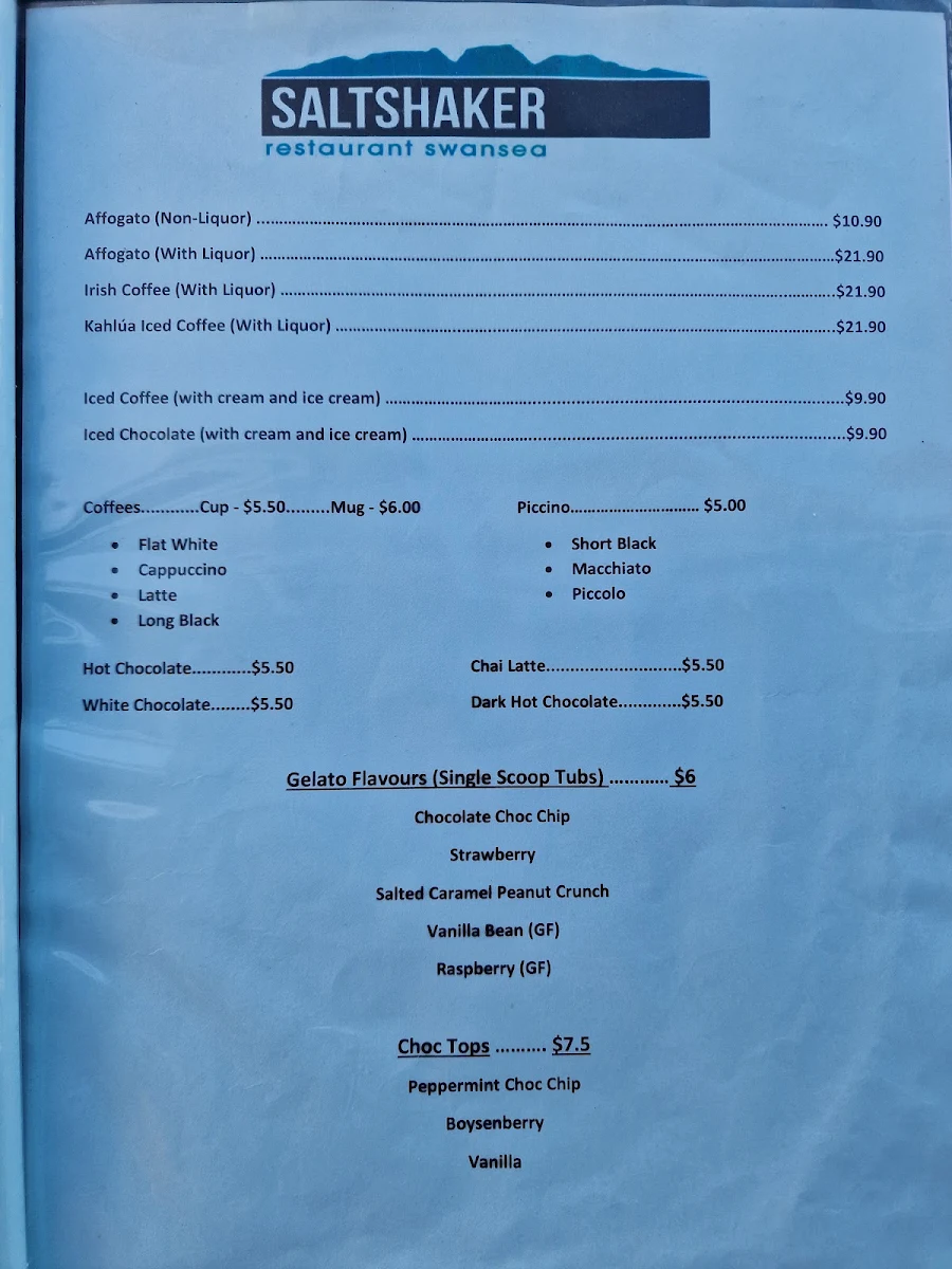 Menu, Seashell Bakery & Pizzaria