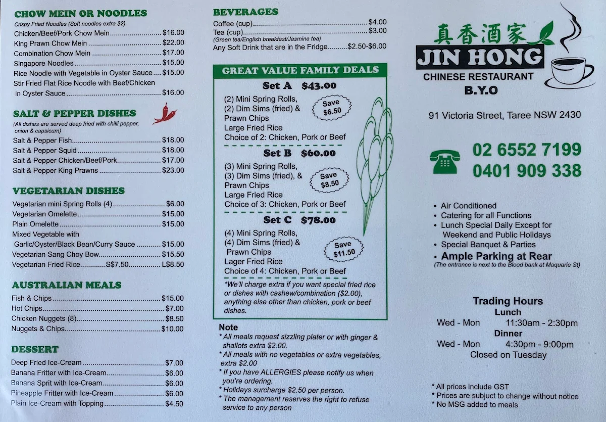 Menu, Jin Hong Chinese Restaurant