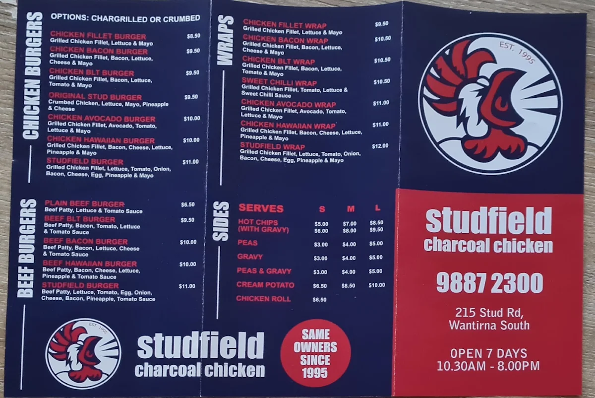Menu, Studfield Charcoal Chicken