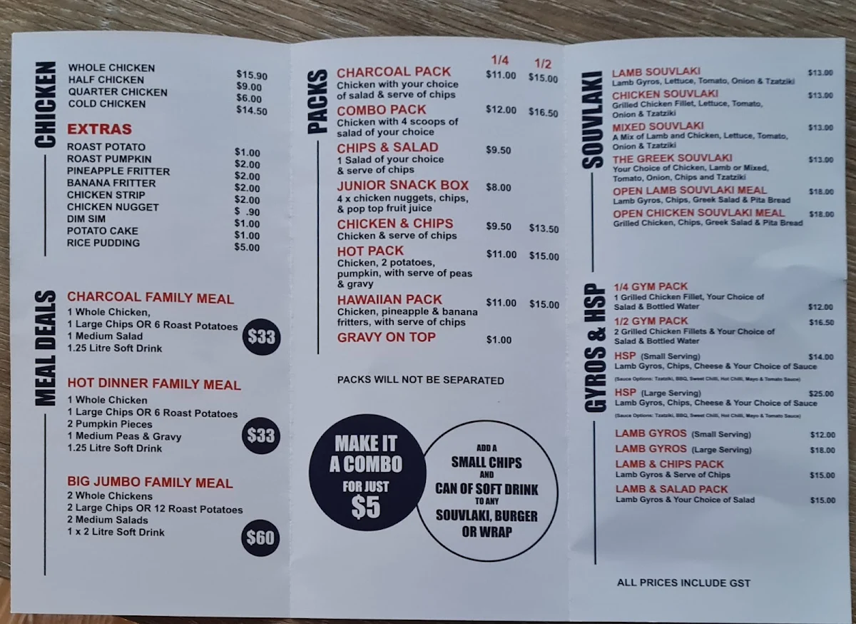 Menu, Studfield Charcoal Chicken