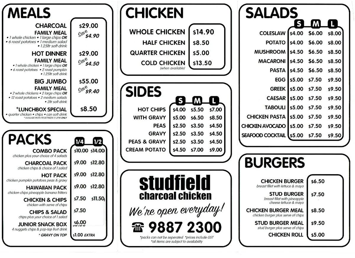 Menu, Studfield Charcoal Chicken