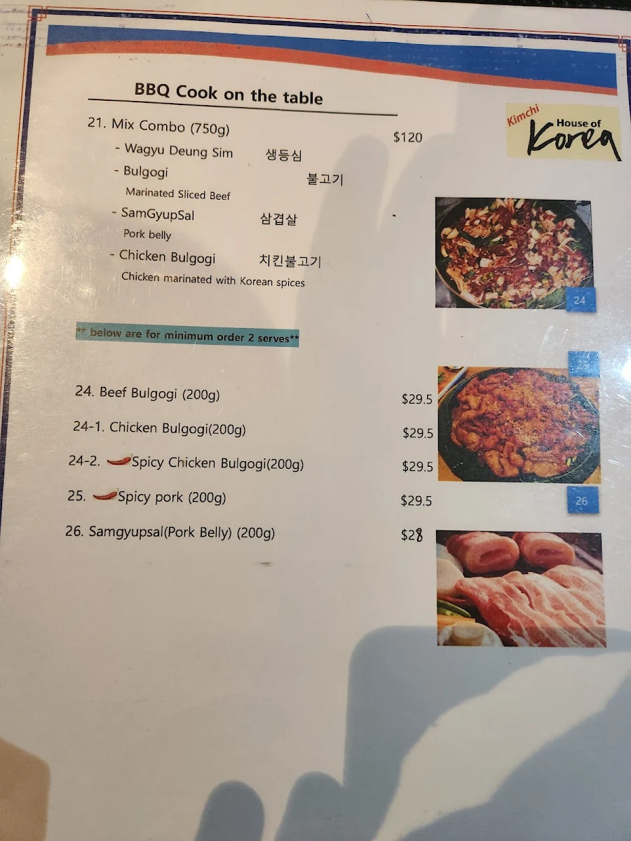 Menu, Kimchi House of Korea