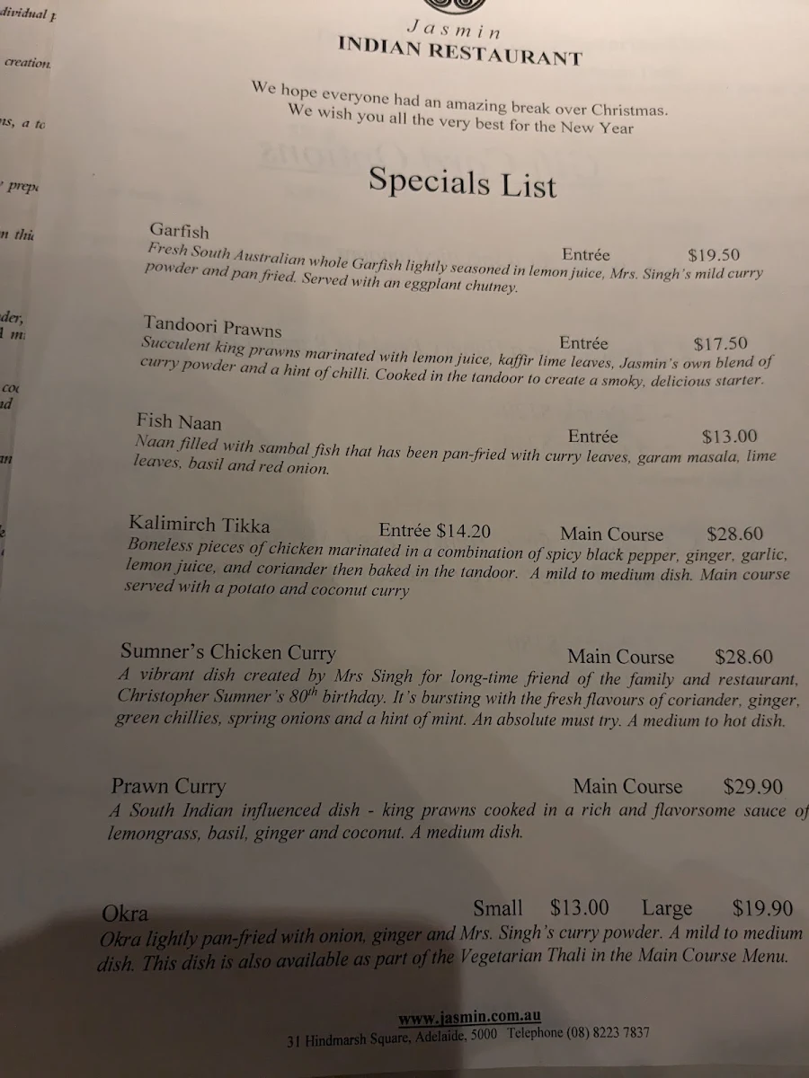 Menu, Jasmine Al Sham