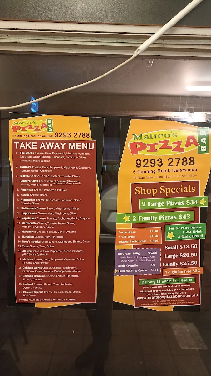 Menu, Matteo's Pizza Bar