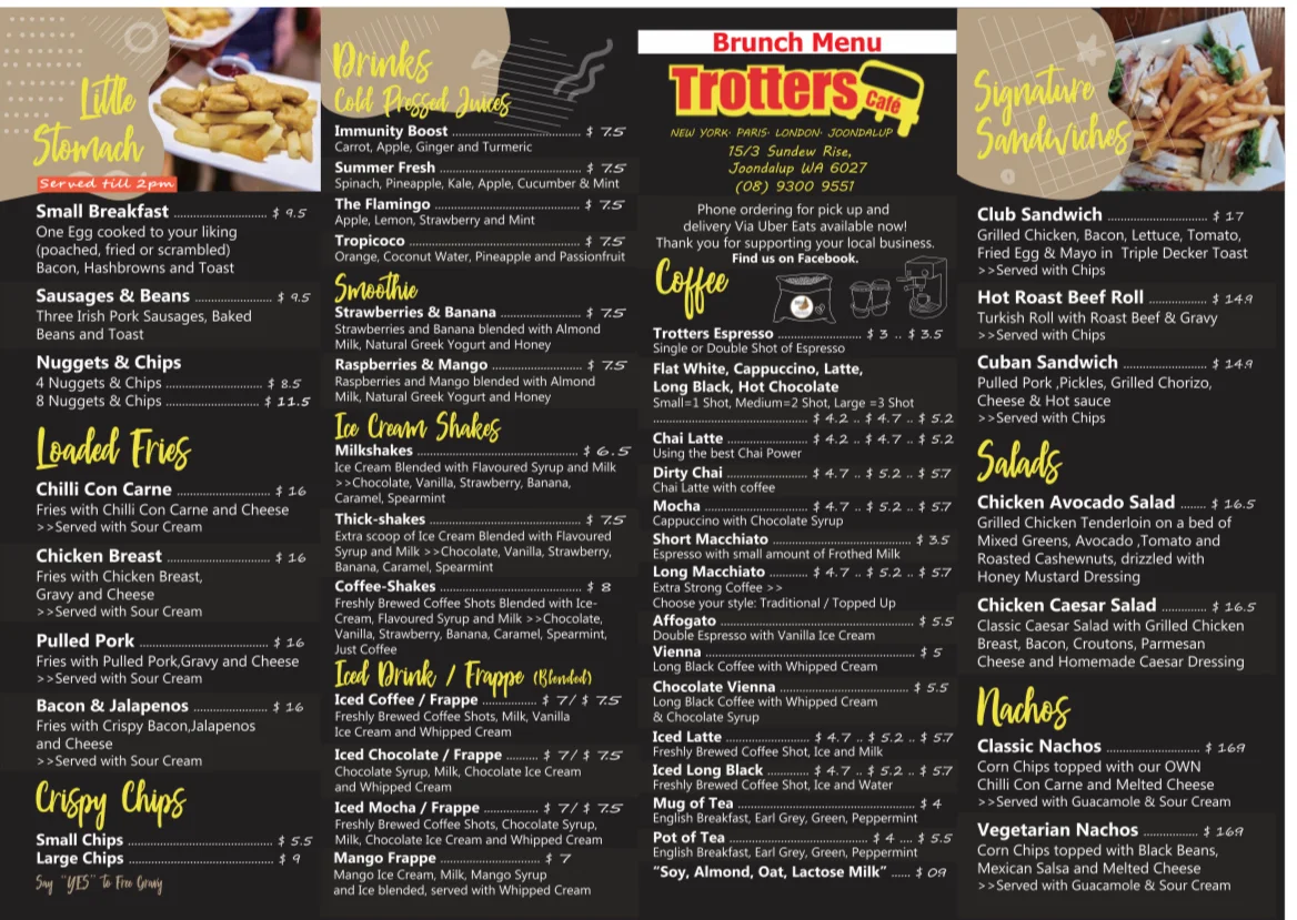 Menu, Trotters Cafe