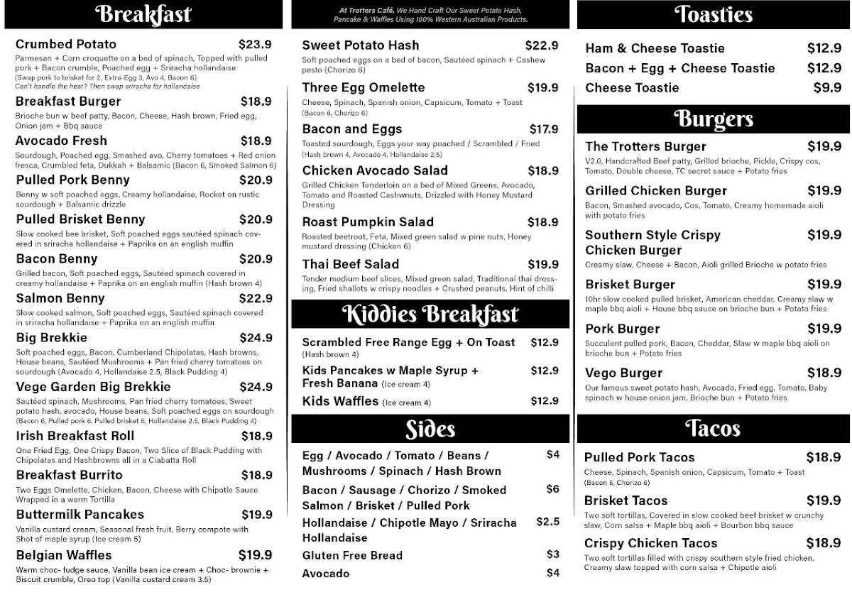 Menu, Trotters Cafe