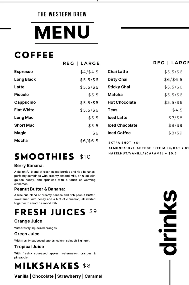 Menu, The Western Brew