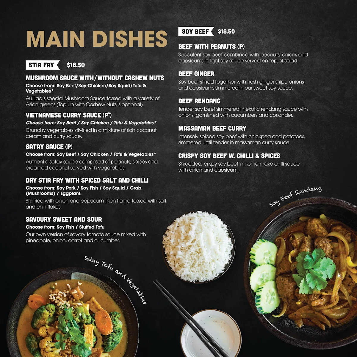 Menu, Au Lac Woden Vegan Cuisine