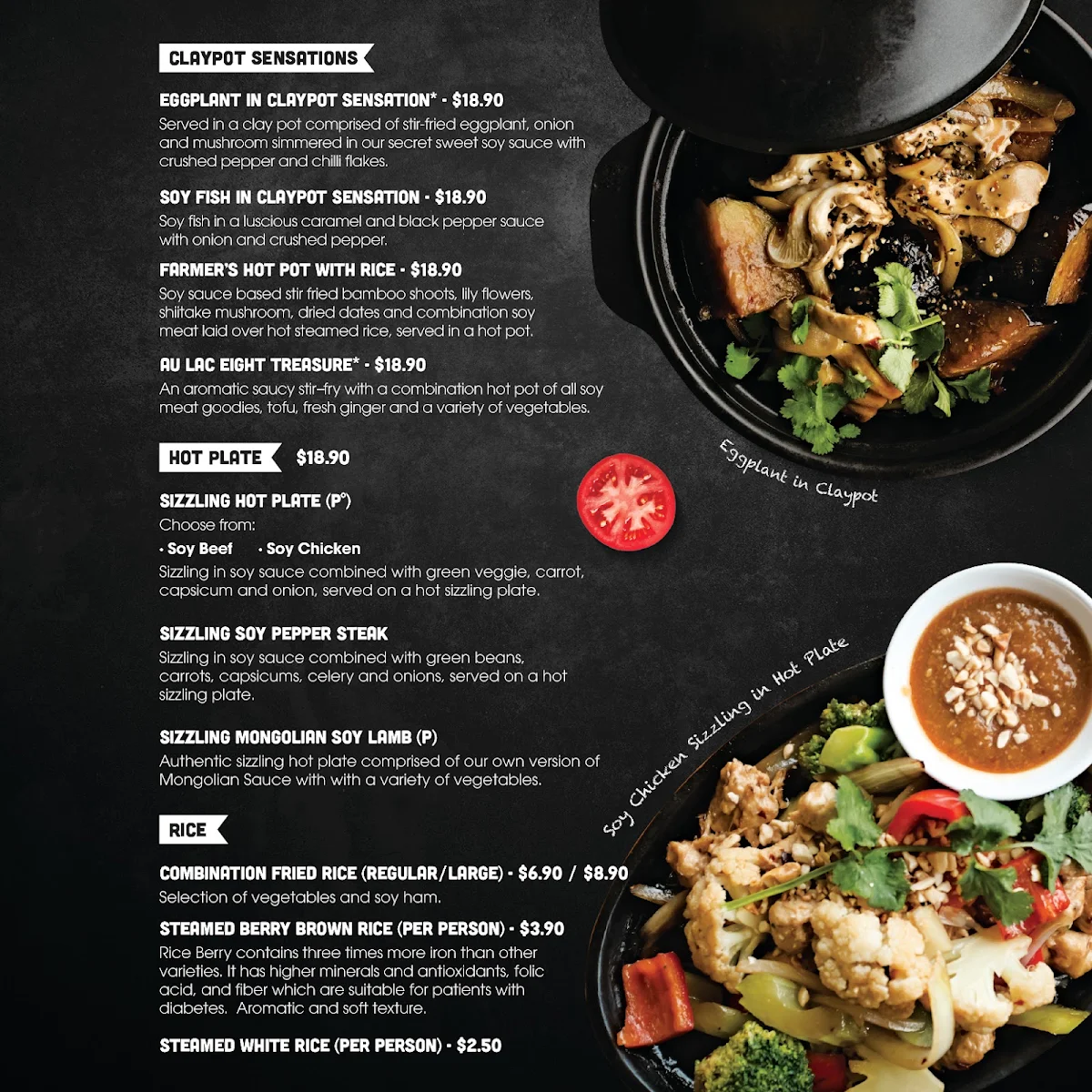 Menu, Au Lac Woden Vegan Cuisine
