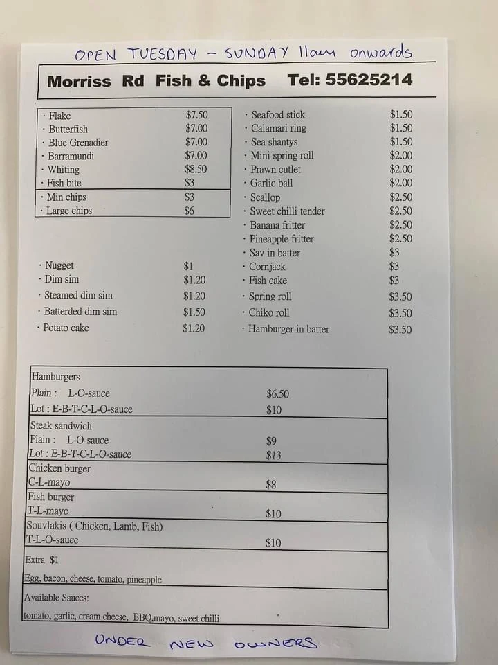 Menu, Morriss Road Fish Shop