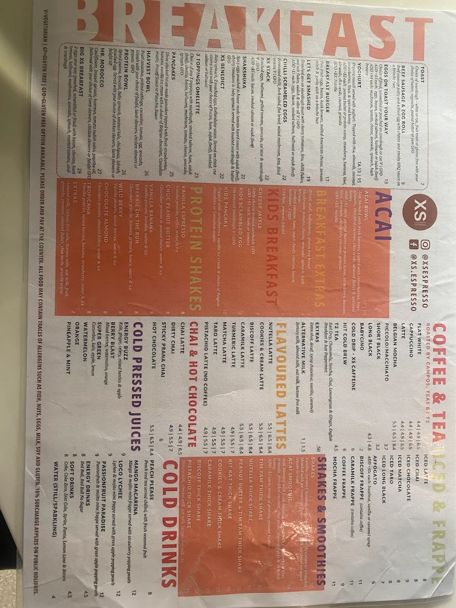 Menu, XS Espresso Prestons
